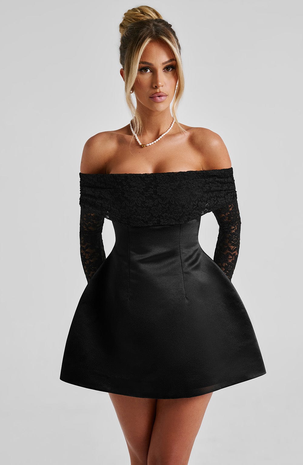 Black Satin Mini Dress with Lace Sleeves - Georgianna