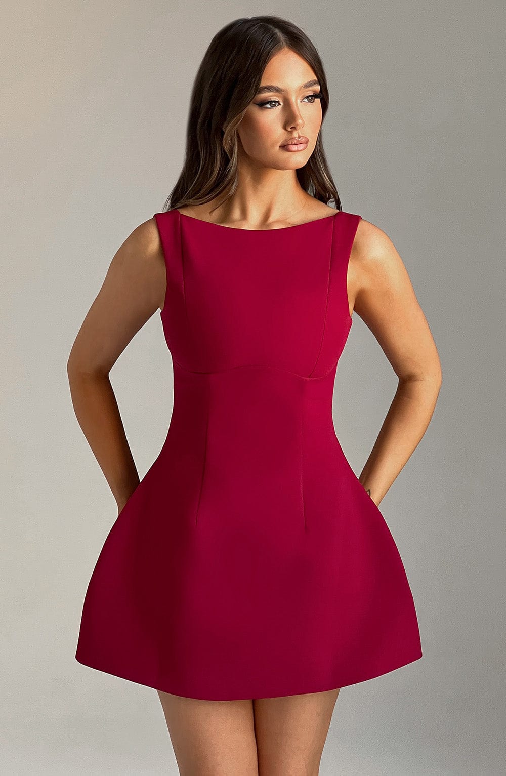 Alana Mini Dress in Wine - Flirty Bubble Skirt & Scoop Back