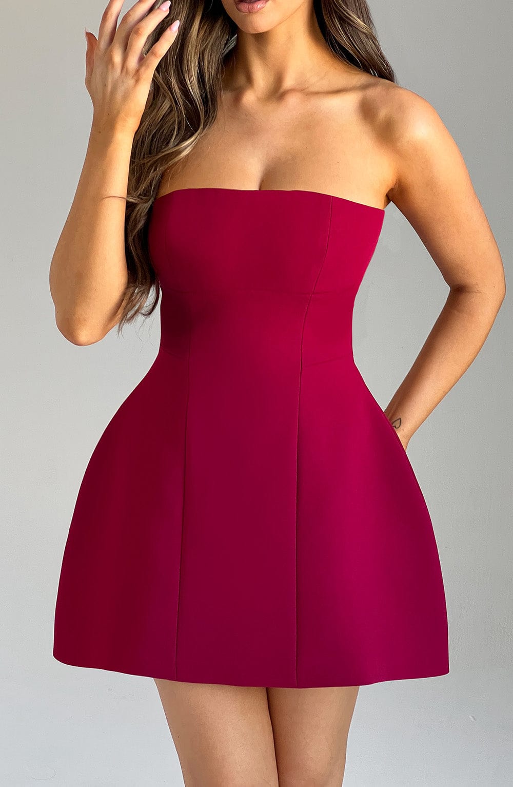 Asha Strapless Mini Dress in Wine - Bubble Skirt Design