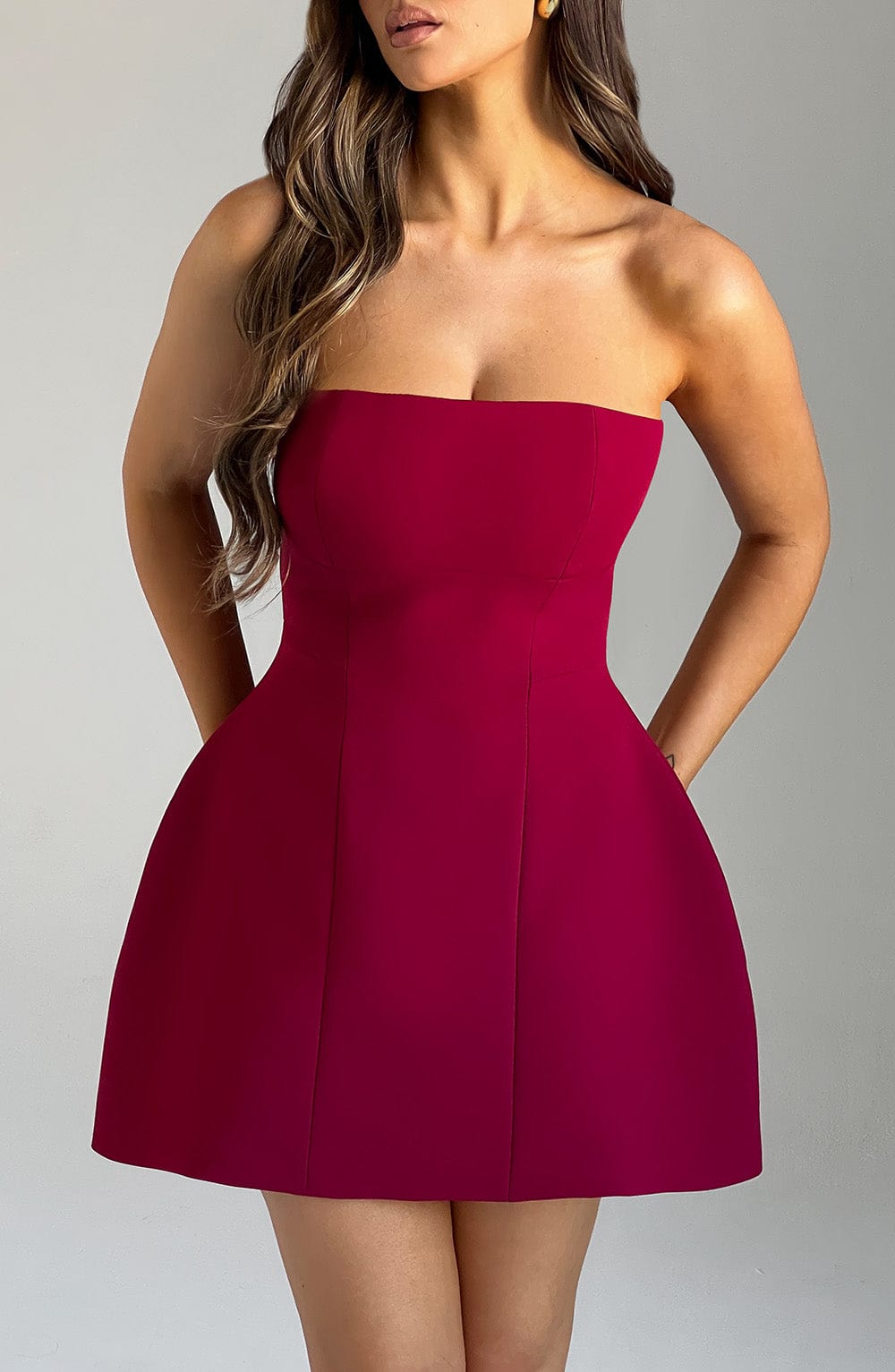 Asha Strapless Mini Dress in Wine - Bubble Skirt Design