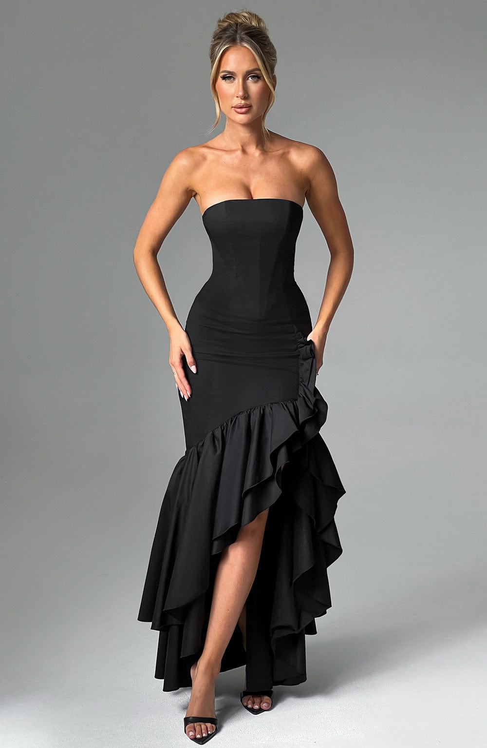 Angelina Strapless Black Maxi Dress with Frilled Skirt