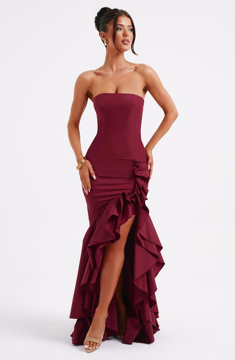Angelina Strapless Burgundy Maxi Dress with Frilled Skirt