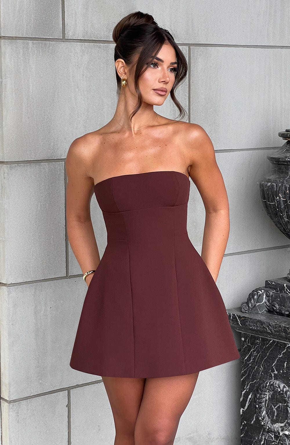 Asha Strapless Brown Mini Dress with Bubble Skirt