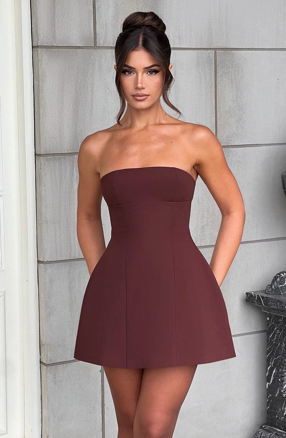 Asha Strapless Brown Mini Dress with Bubble Skirt