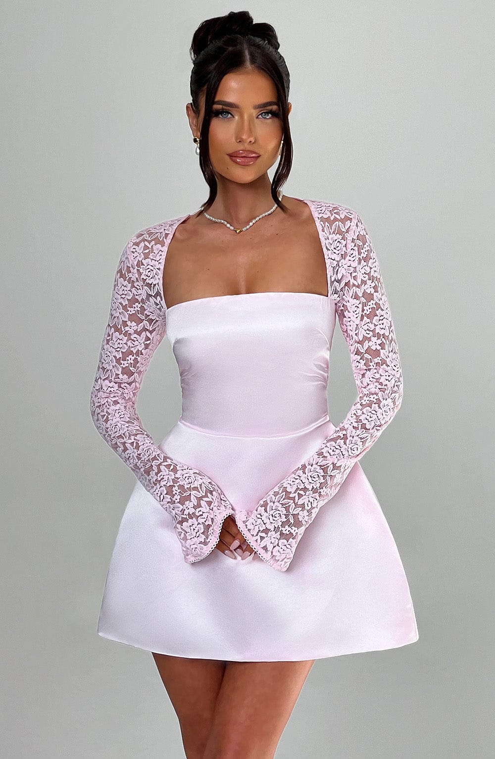 Blush Satin Mini Dress with Lace Sleeves & Bubble Skirt