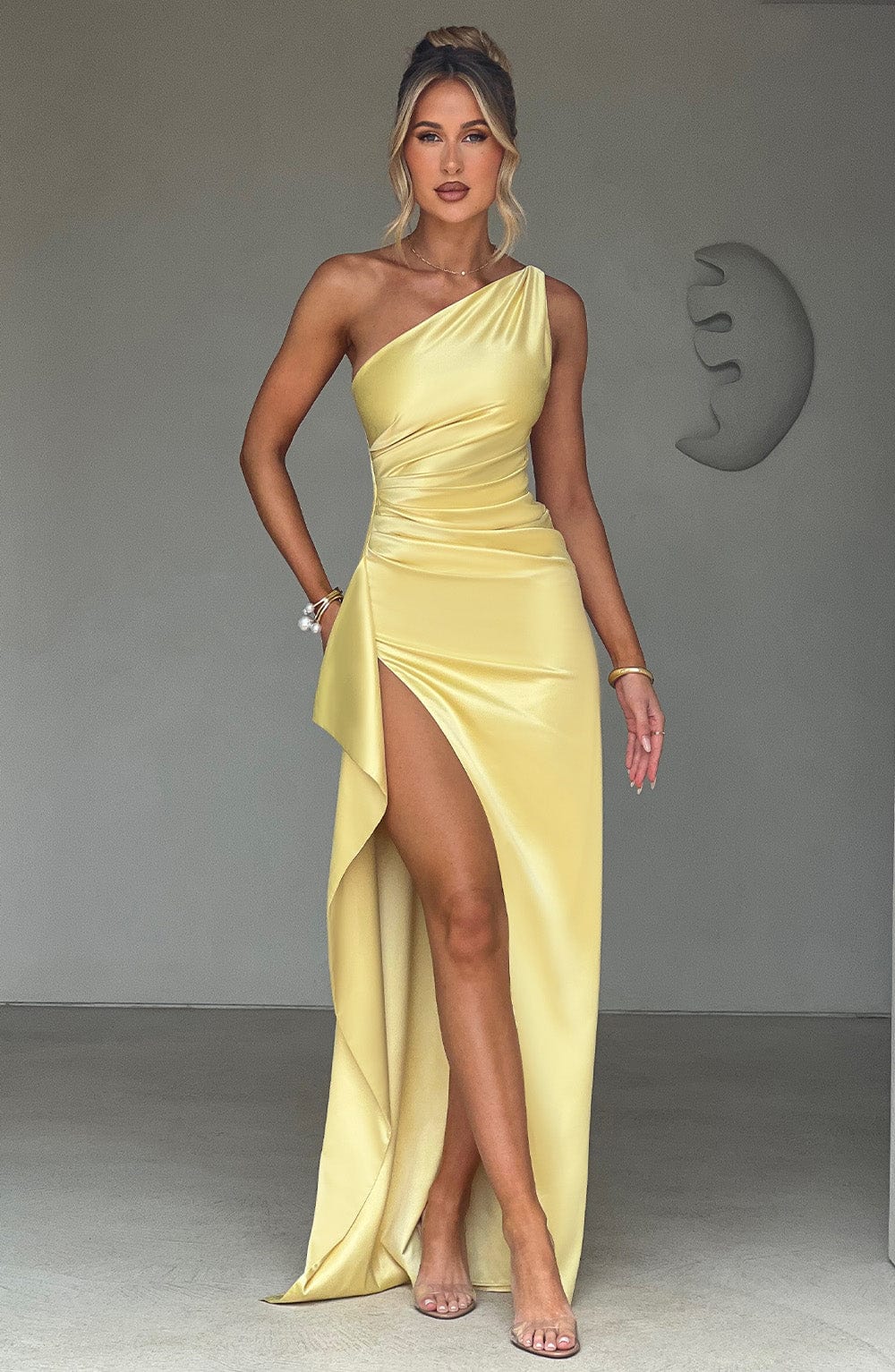 Lemon One Shoulder Satin Maxi Dress with Thigh Split - Ariel