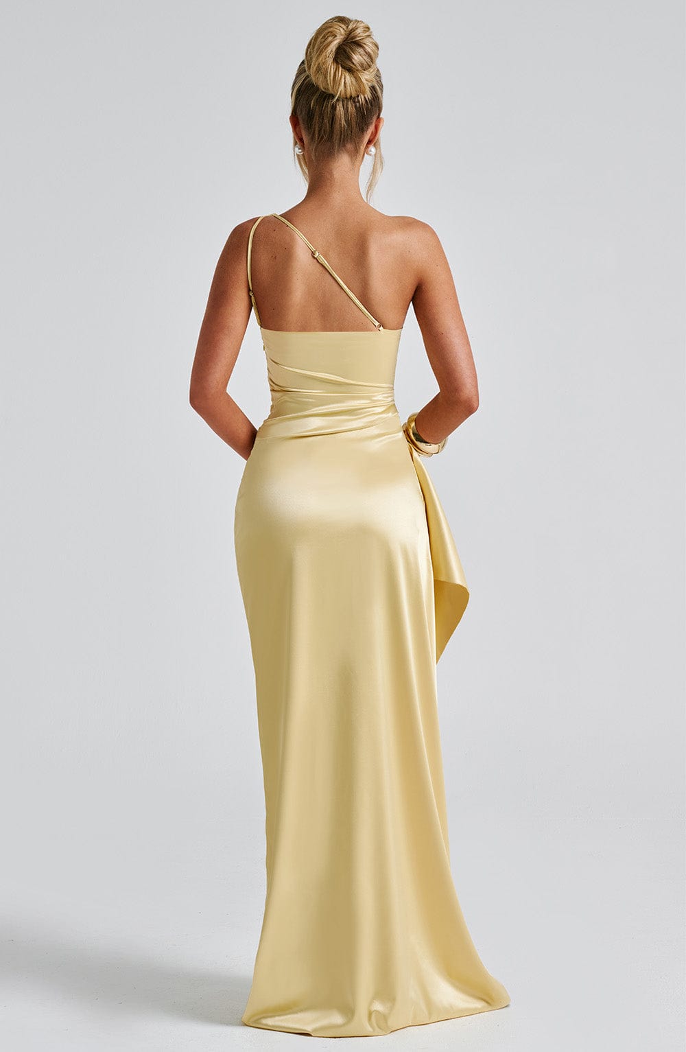 Lemon One Shoulder Satin Maxi Dress with Thigh Split - Ariel