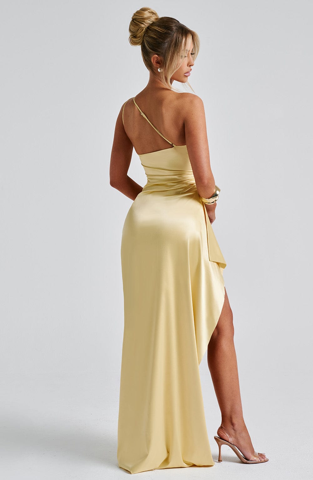 Lemon One Shoulder Satin Maxi Dress with Thigh Split - Ariel