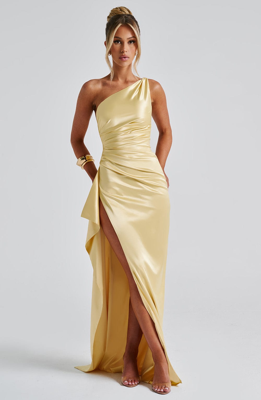 Lemon One Shoulder Satin Maxi Dress with Thigh Split - Ariel