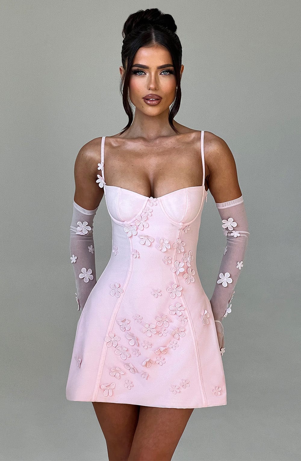 Dalary Blush Mesh Mini Dress with 3D Flower Appliques