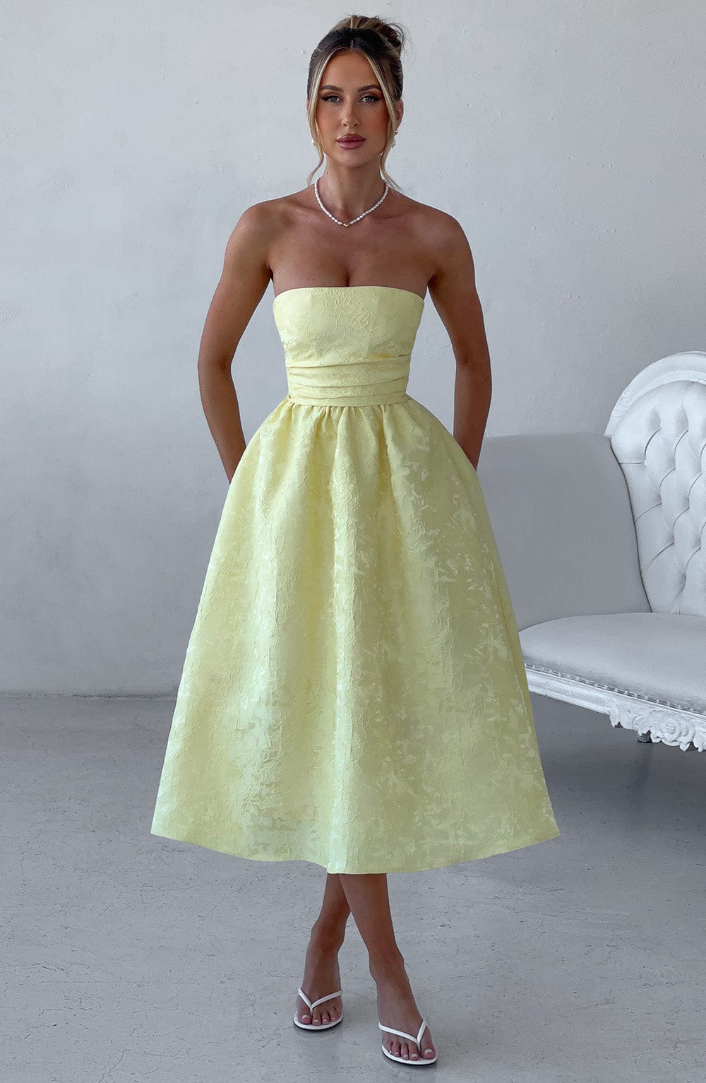 Lemon Floral Jacquard Midi Dress with Lace-Up Back - Saoirse