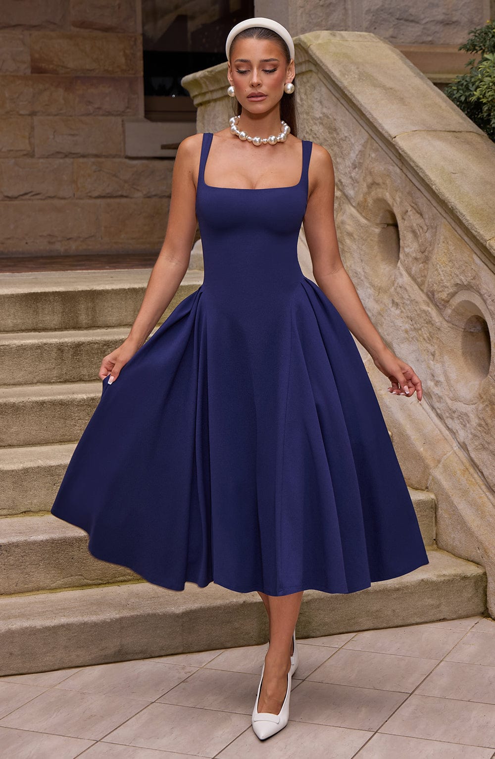 Navy Betty Midi Dress with Godet Panels & Adjustable Straps