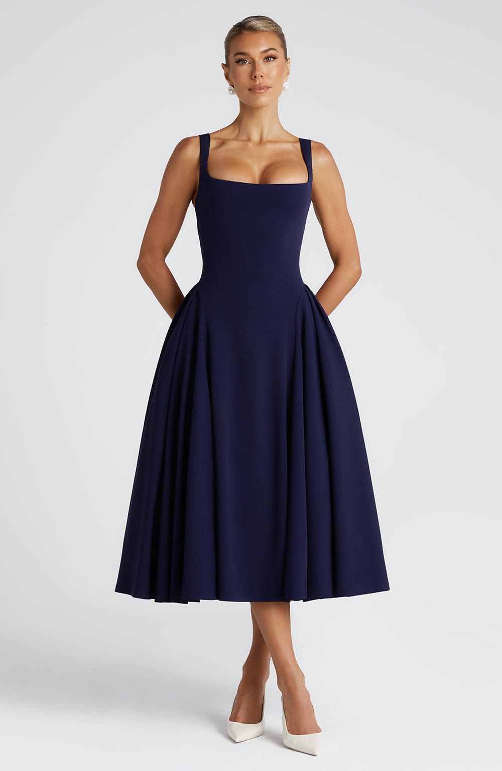 Navy Betty Midi Dress with Godet Panels & Adjustable Straps