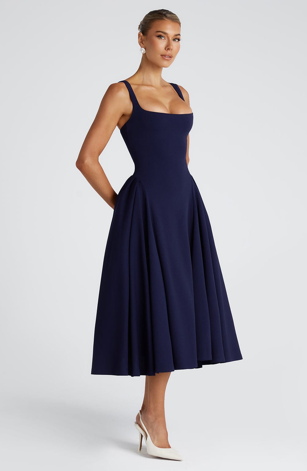 Navy Betty Midi Dress with Godet Panels & Adjustable Straps