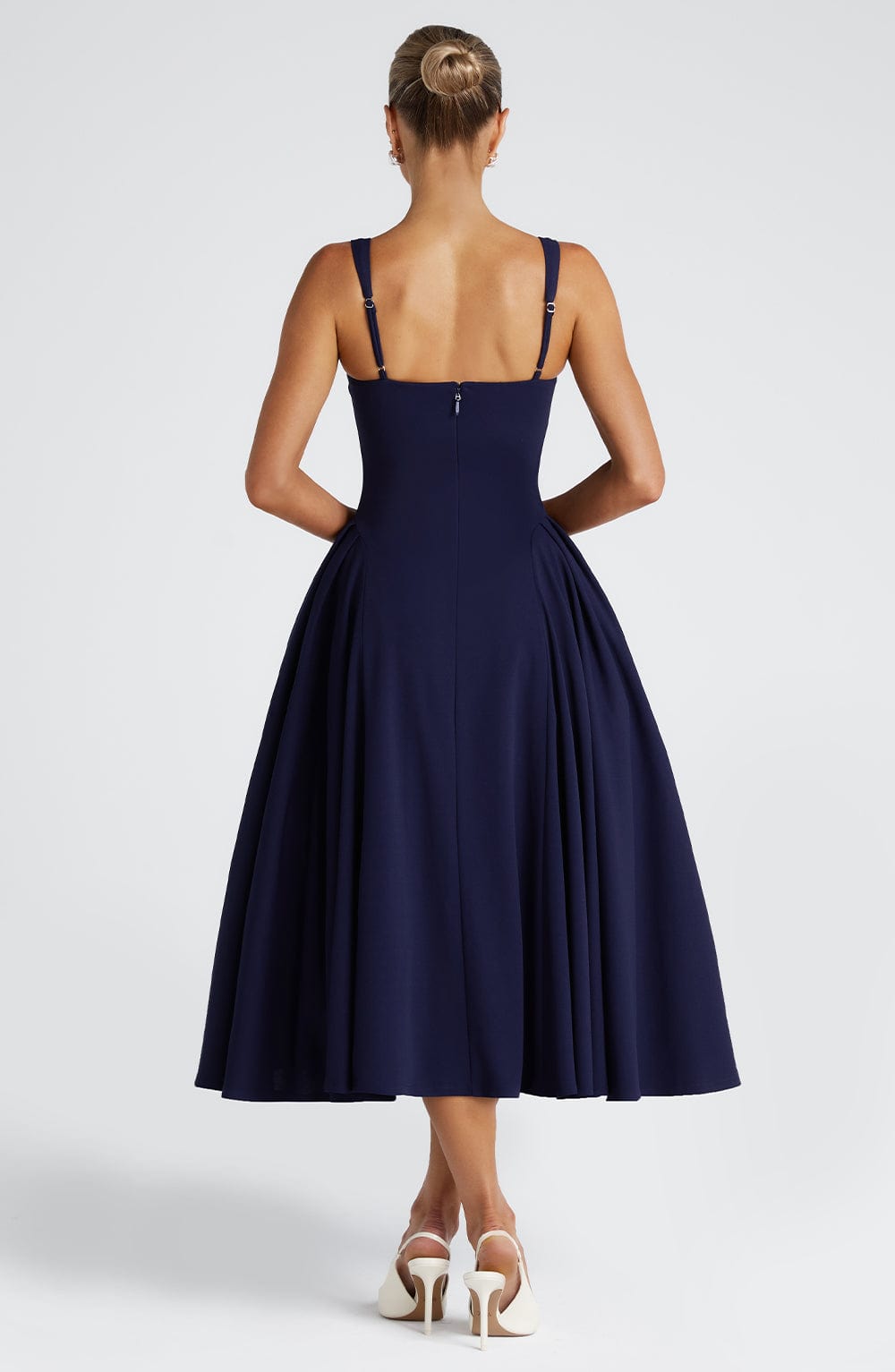 Navy Betty Midi Dress with Godet Panels & Adjustable Straps