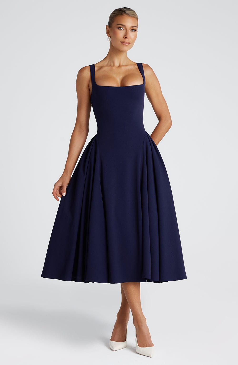 Navy Betty Midi Dress with Godet Panels & Adjustable Straps