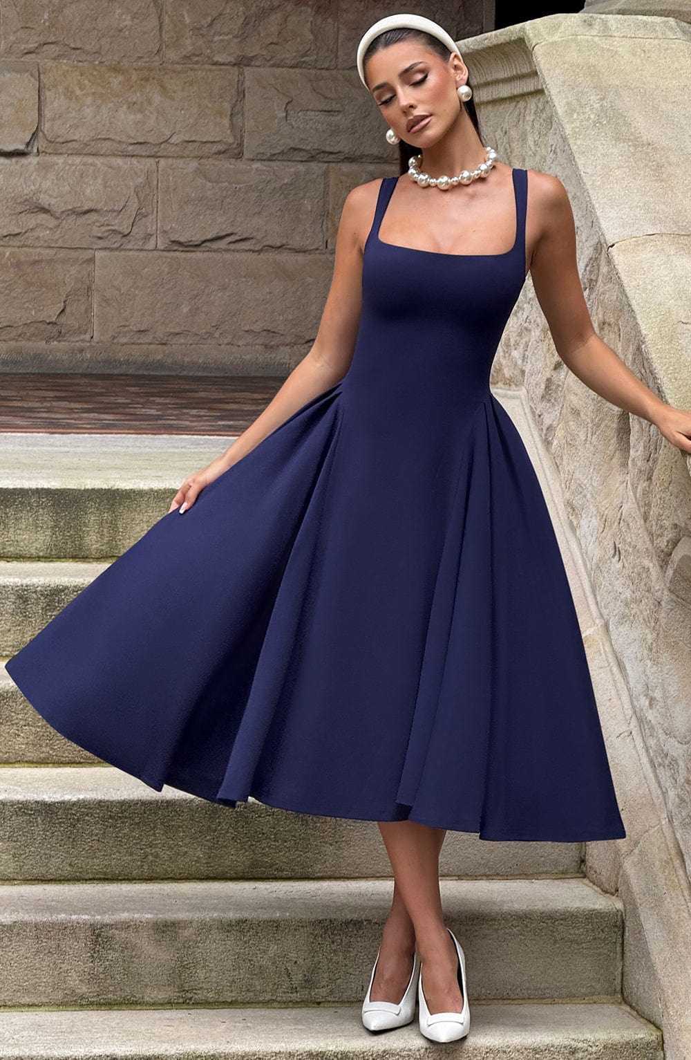 Navy Betty Midi Dress with Godet Panels & Adjustable Straps