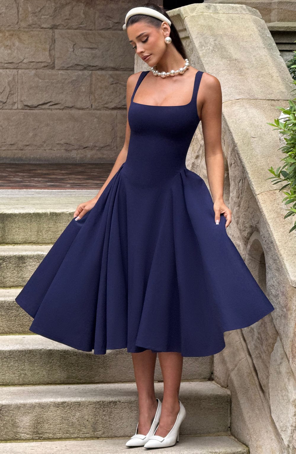 Navy Betty Midi Dress with Godet Panels & Adjustable Straps