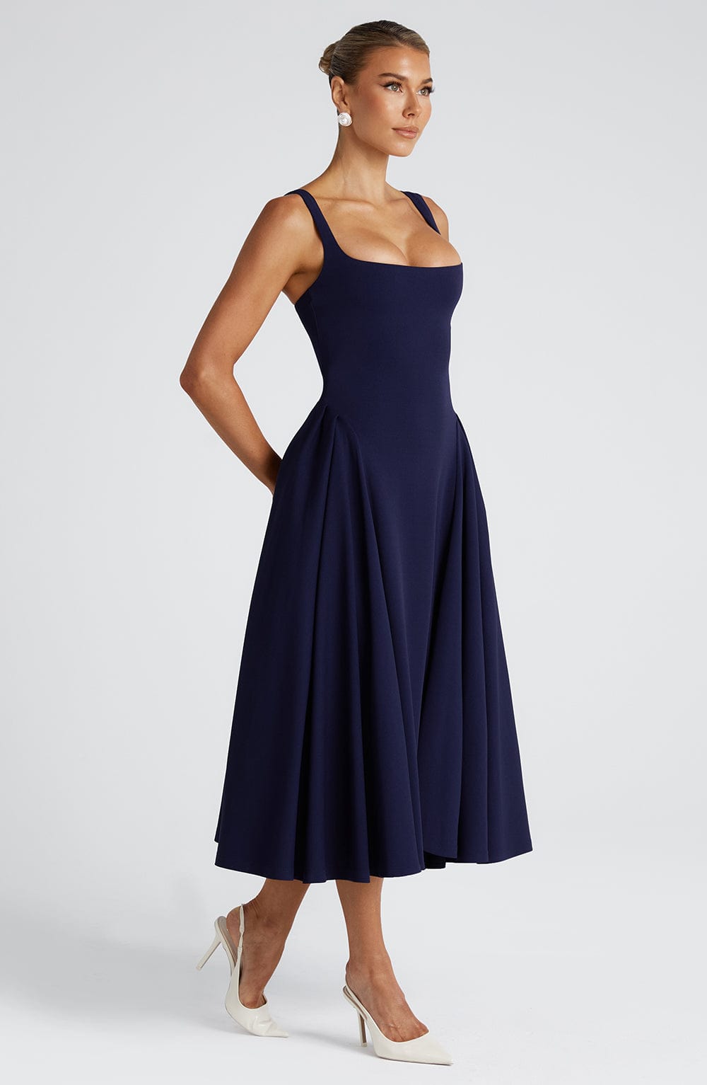 Navy Betty Midi Dress with Godet Panels & Adjustable Straps