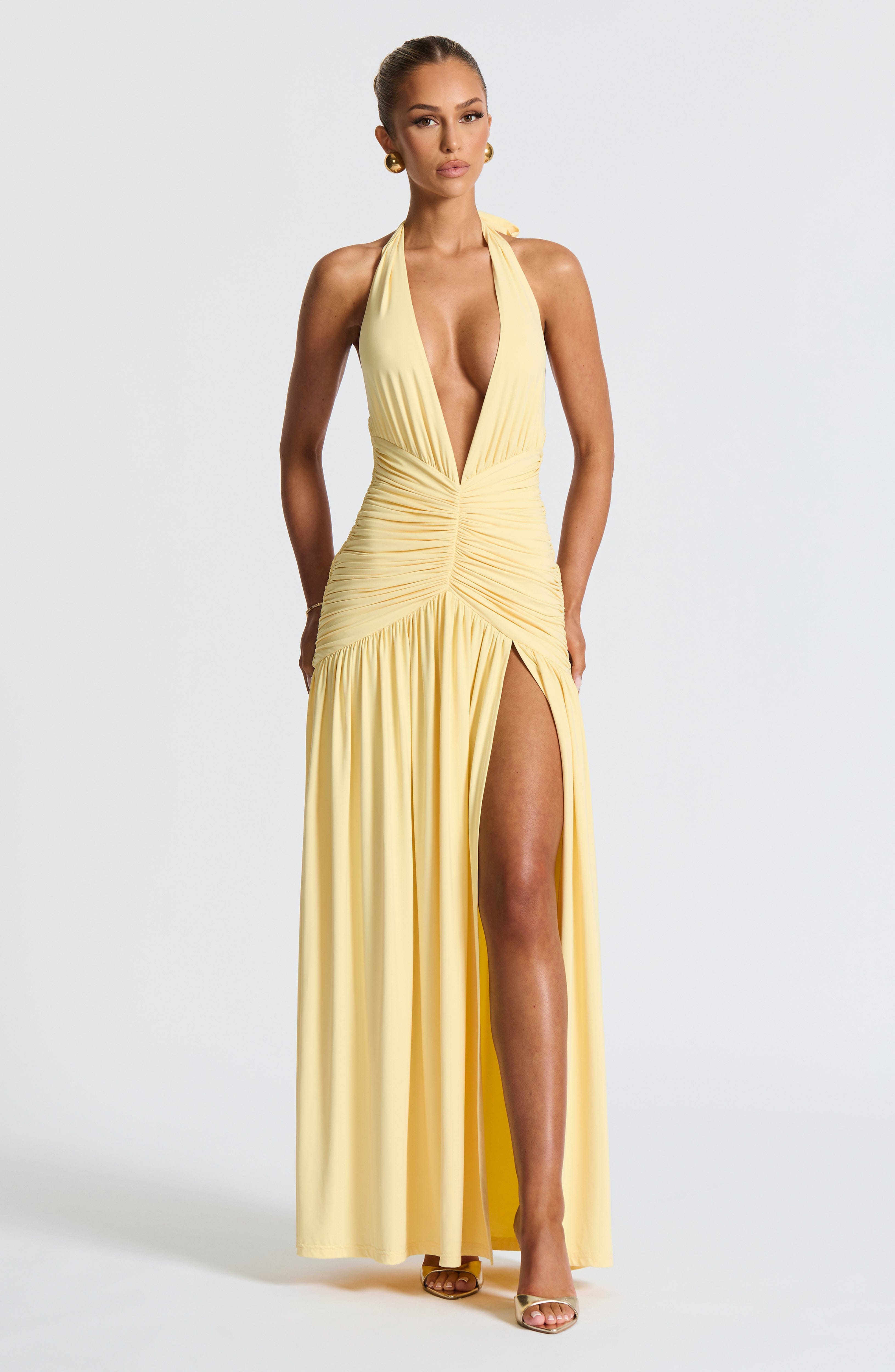 Lemon Melania Maxi Dress with Plunge Neckline & Thigh Split