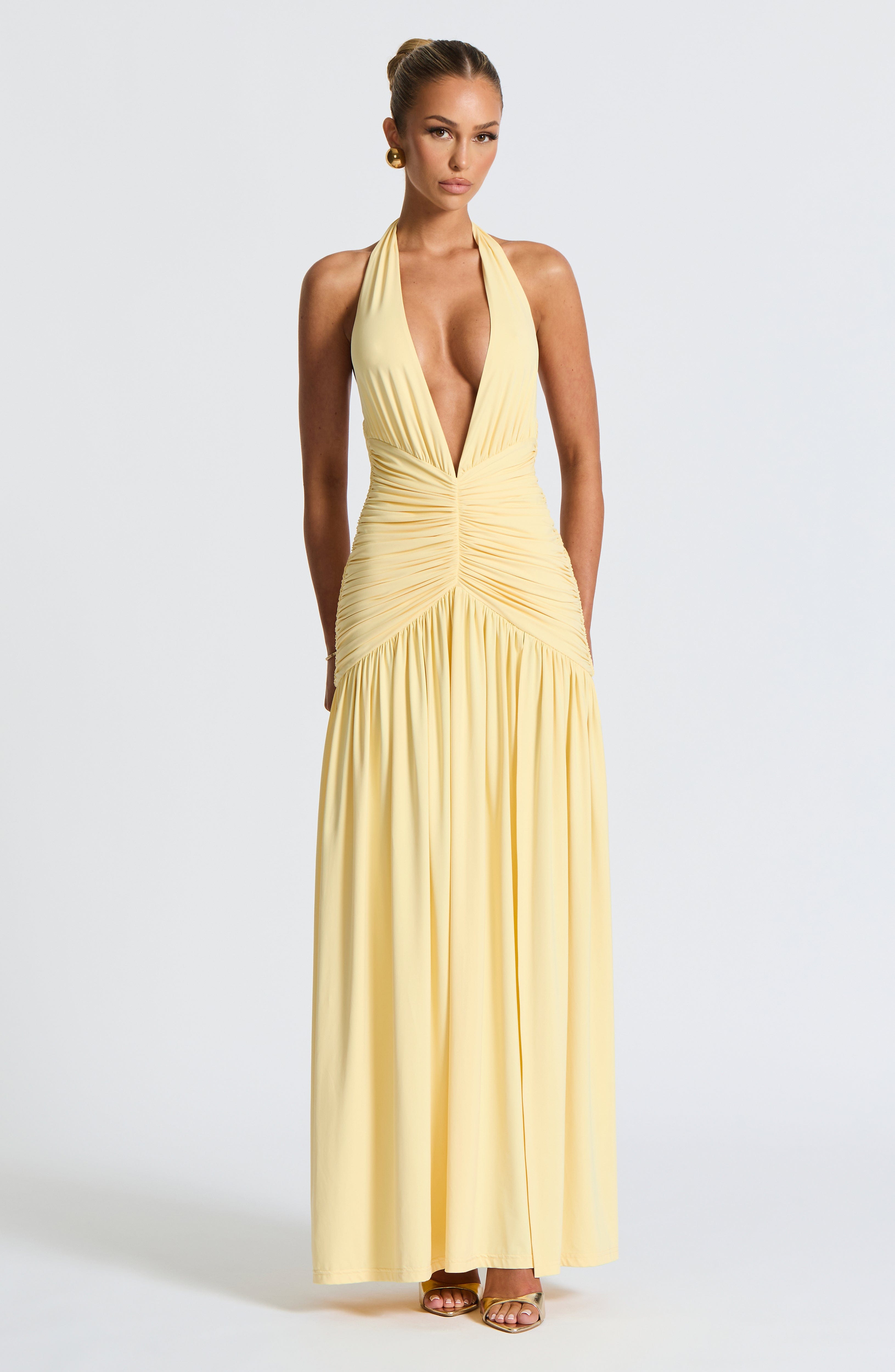 Lemon Melania Maxi Dress with Plunge Neckline & Thigh Split