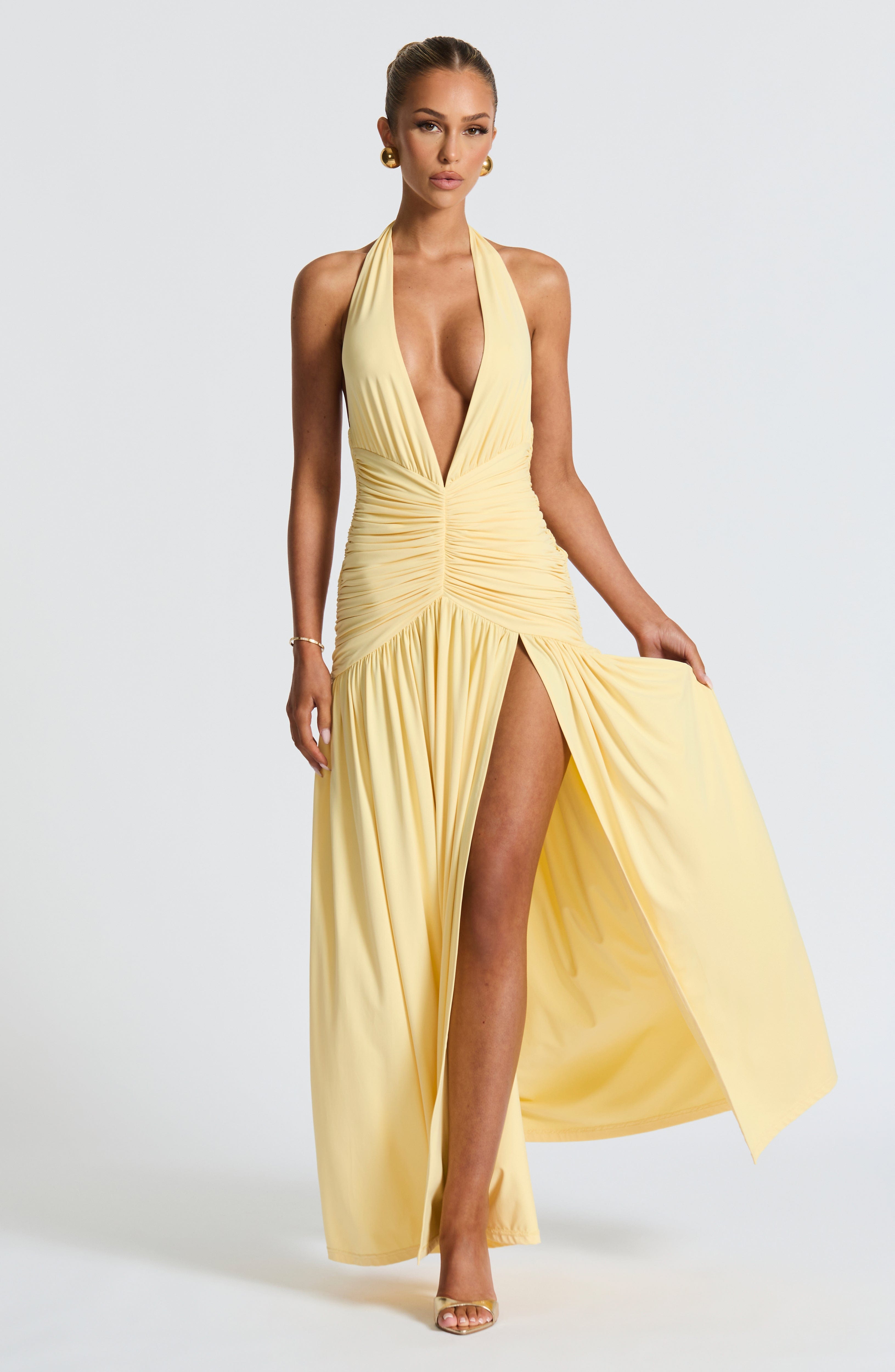 Lemon Melania Maxi Dress with Plunge Neckline & Thigh Split
