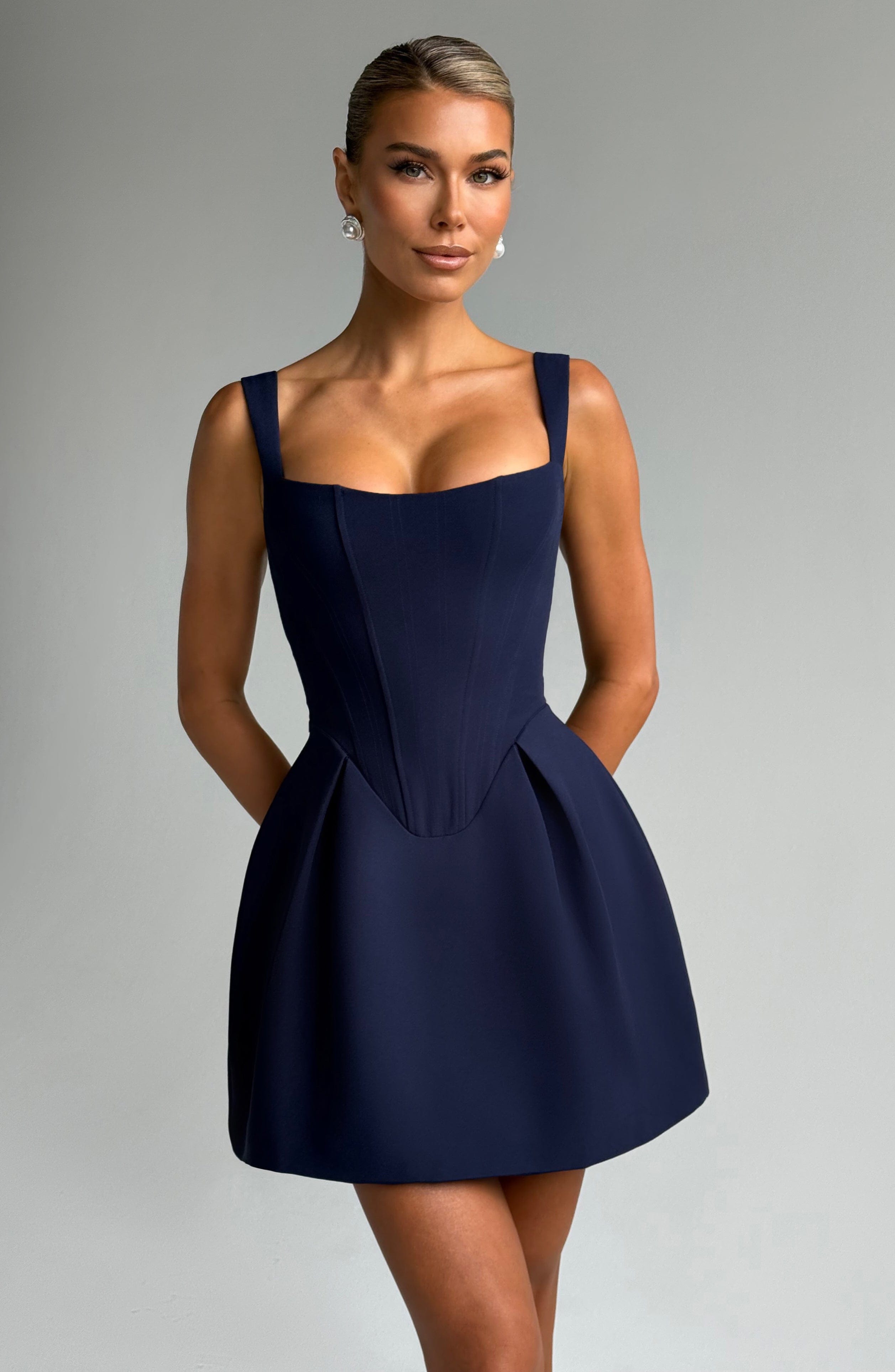 Navy Janiyah Mini Dress with Square Neckline & Tulip Skirt
