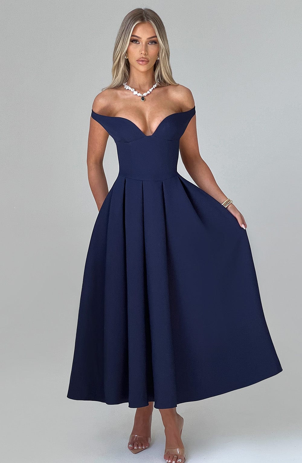 Lanetta Navy Midi Dress with Plunge Bardot Neckline