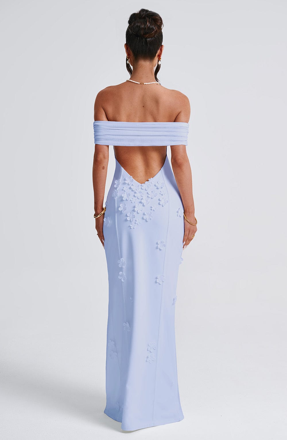Milani Blue Floral Mesh Maxi Dress with Bardot Neckline