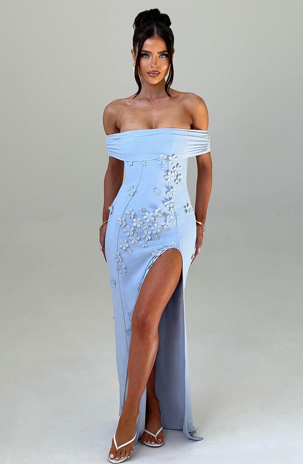 Milani Blue Floral Mesh Maxi Dress with Bardot Neckline