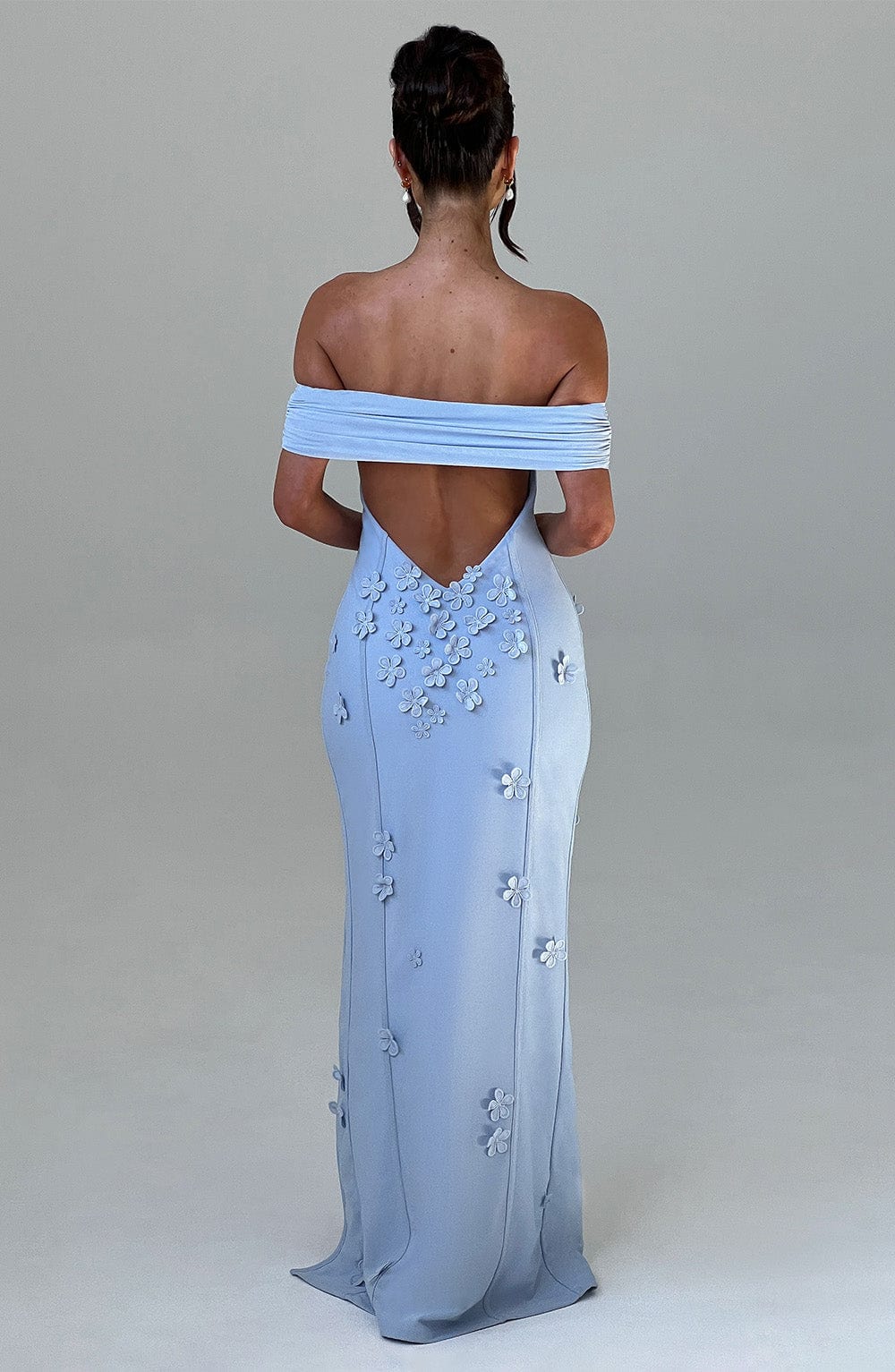 Milani Blue Floral Mesh Maxi Dress with Bardot Neckline