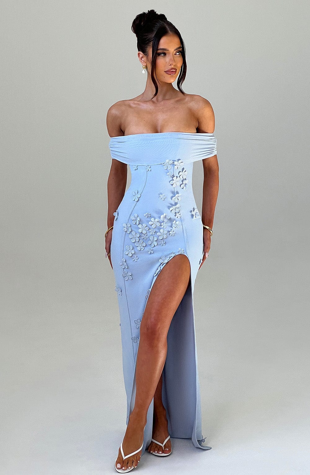 Milani Blue Floral Mesh Maxi Dress with Bardot Neckline