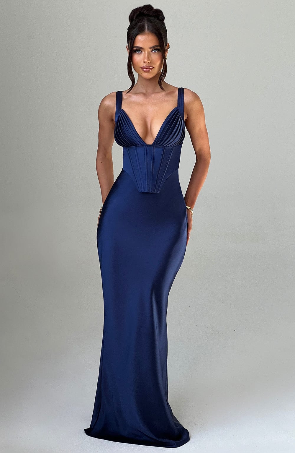 Shae Navy Satin Corset Maxi Dress with Adjustable Straps