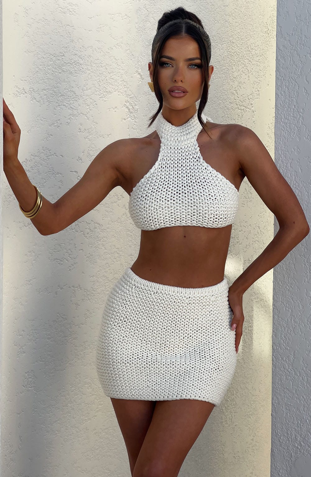 Hand Knit Ivory Mini Skirt - Margot Elastic Waistband