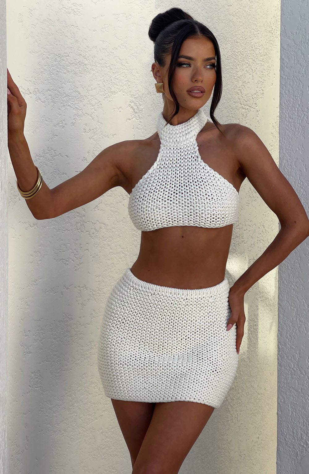 Hand Knit Ivory Mini Skirt - Margot Elastic Waistband