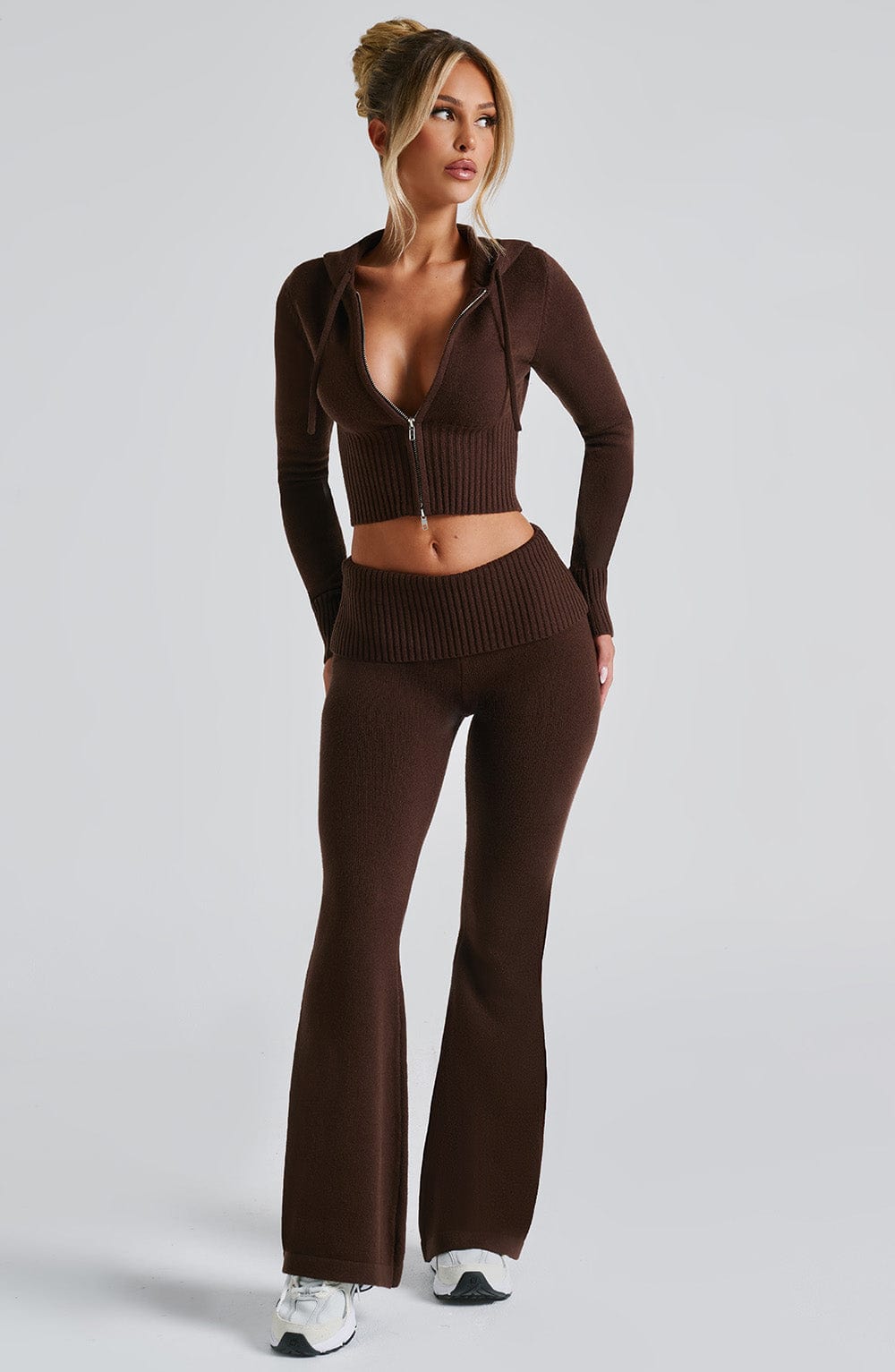 Portia Knit Flare Pants in Chocolate - Fold Over Waistband