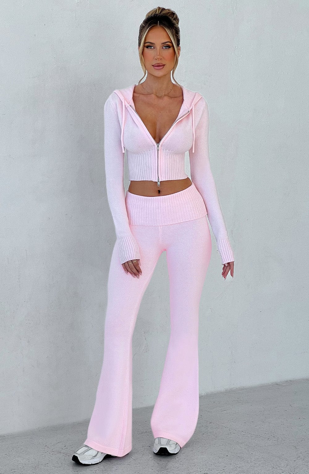 Portia Knit Flare Pants - Pink Rib Waistband
