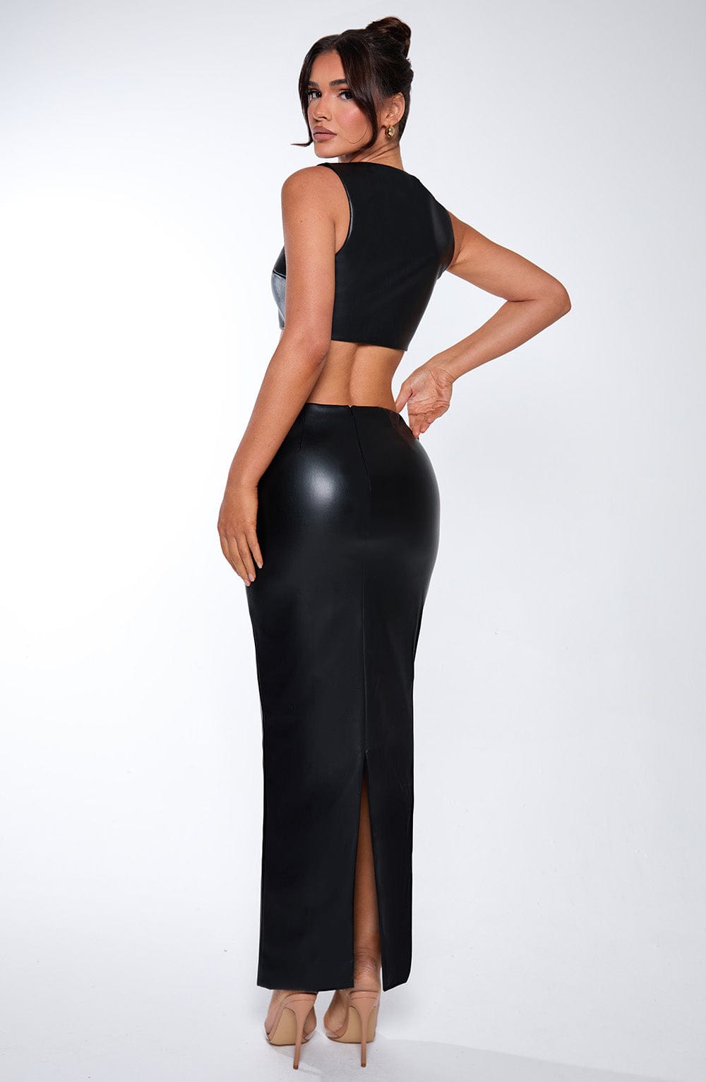 Odetta Black Faux Leather Maxi Skirt with Back Split