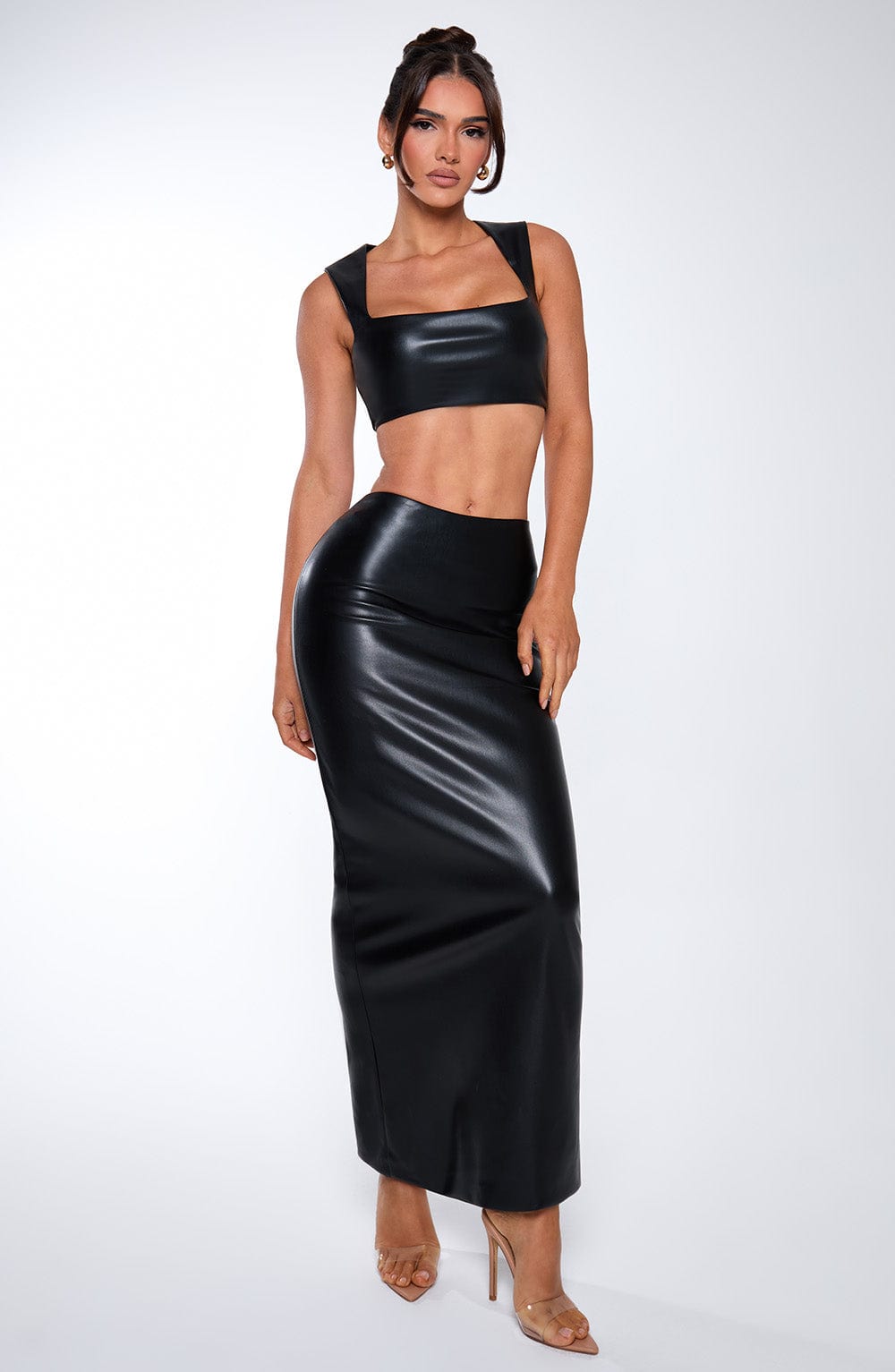Odetta Black Faux Leather Maxi Skirt with Back Split