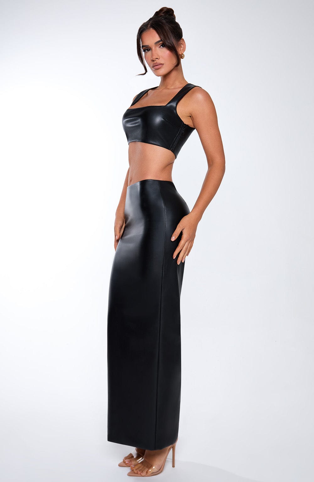 Odetta Black Faux Leather Maxi Skirt with Back Split