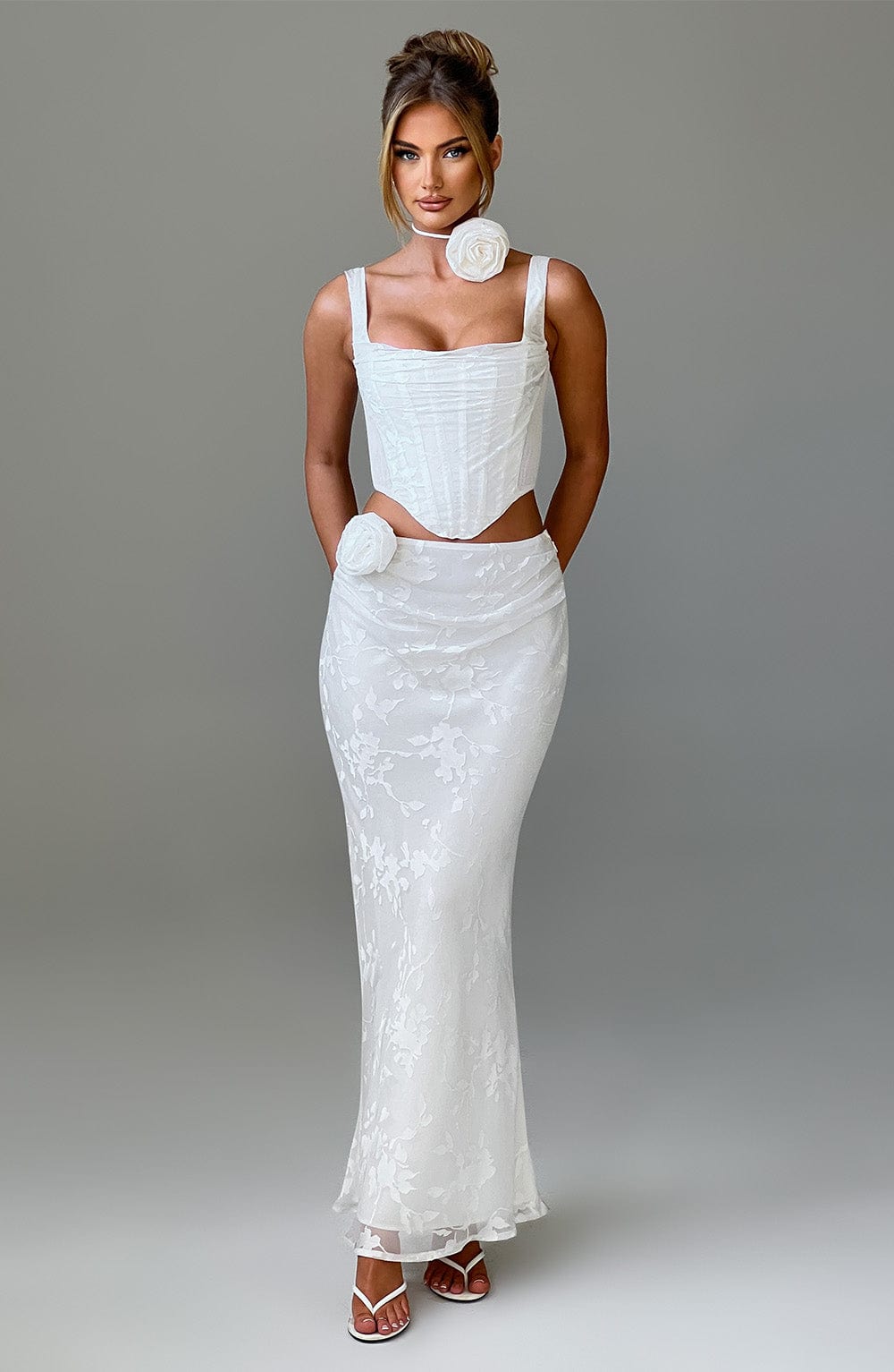 Elizabeth Floral Chiffon Maxi Skirt - Ivory with Removable Corsage
