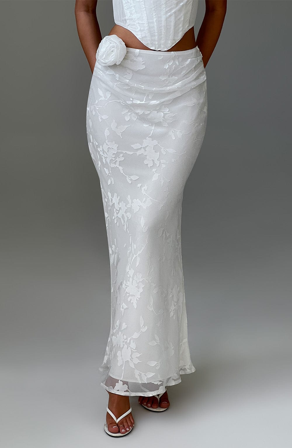 Elizabeth Floral Chiffon Maxi Skirt - Ivory with Removable Corsage