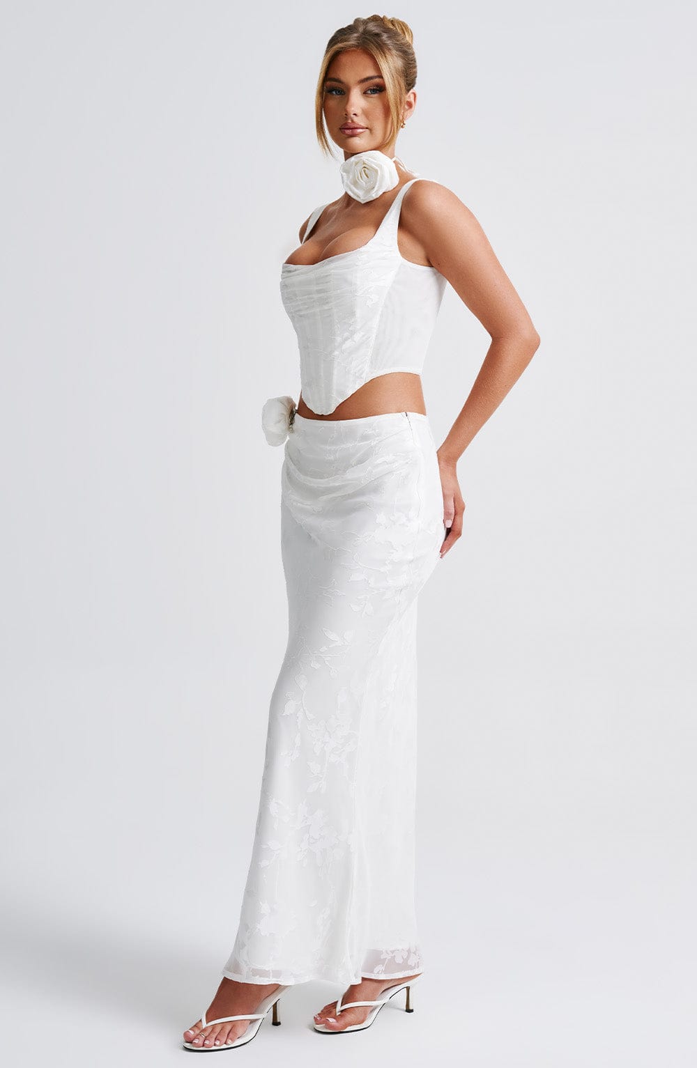 Elizabeth Floral Chiffon Maxi Skirt - Ivory with Removable Corsage
