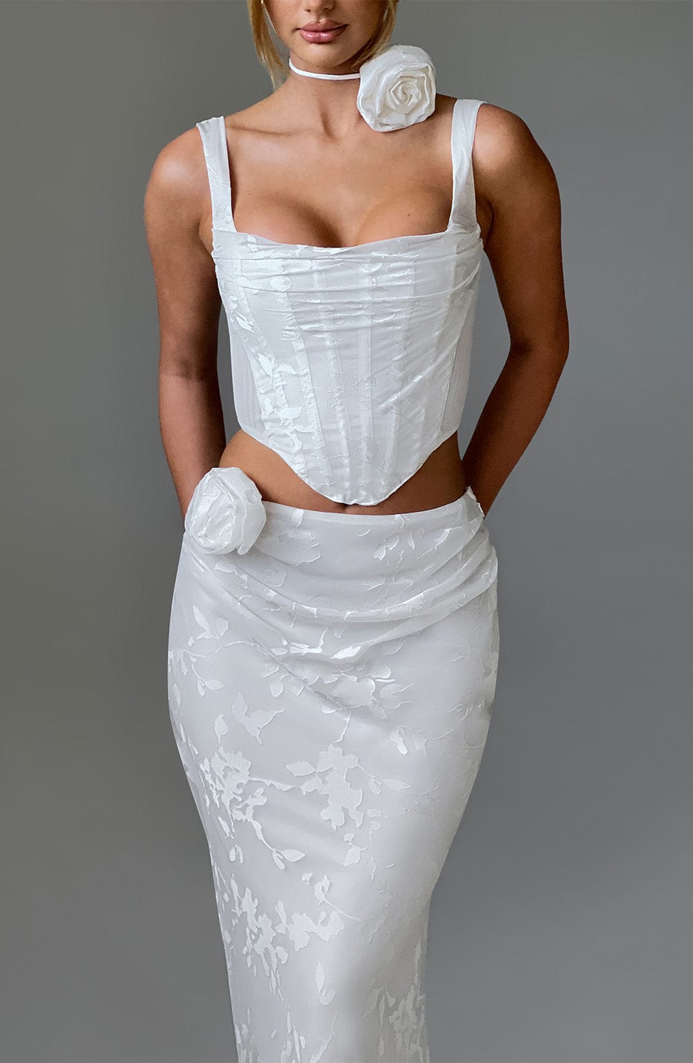 Elizabeth Floral Chiffon Maxi Skirt - Ivory with Removable Corsage