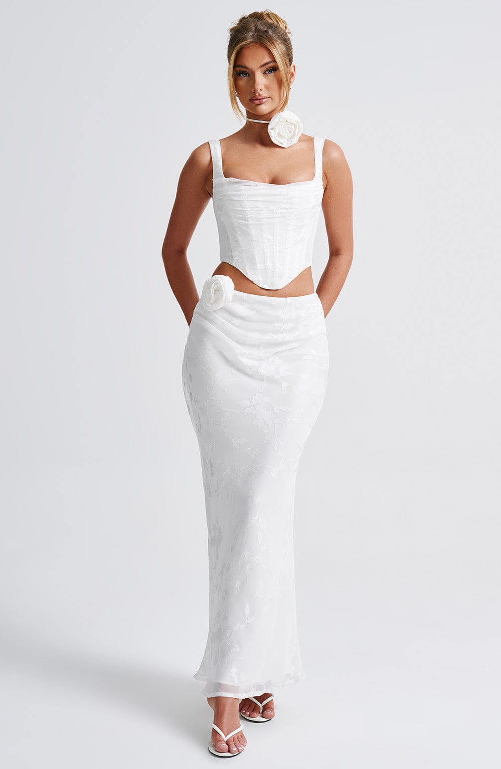 Elizabeth Floral Chiffon Maxi Skirt - Ivory with Removable Corsage