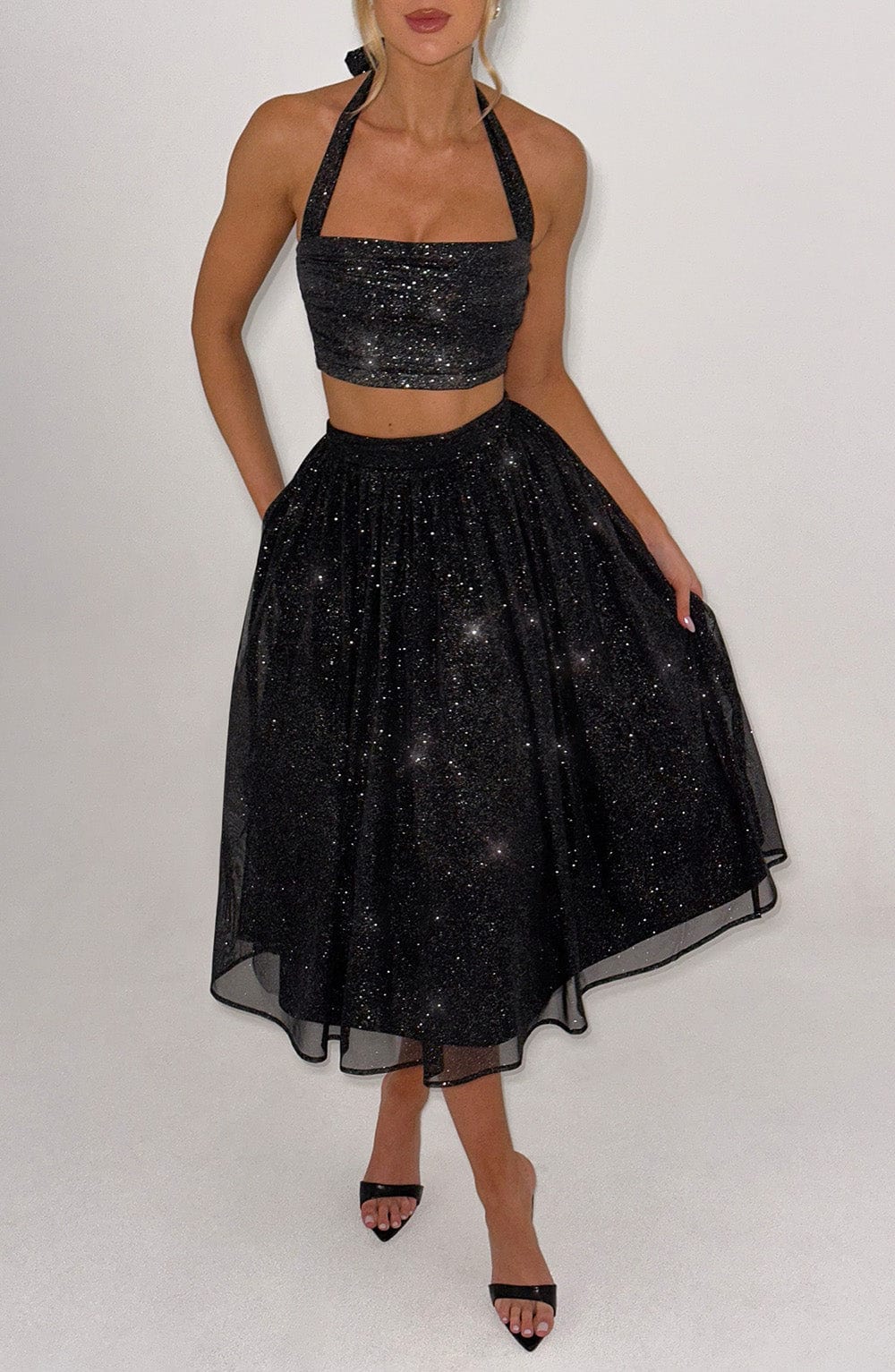 Alani Black Sparkle Midi Skirt with Tulle Volume