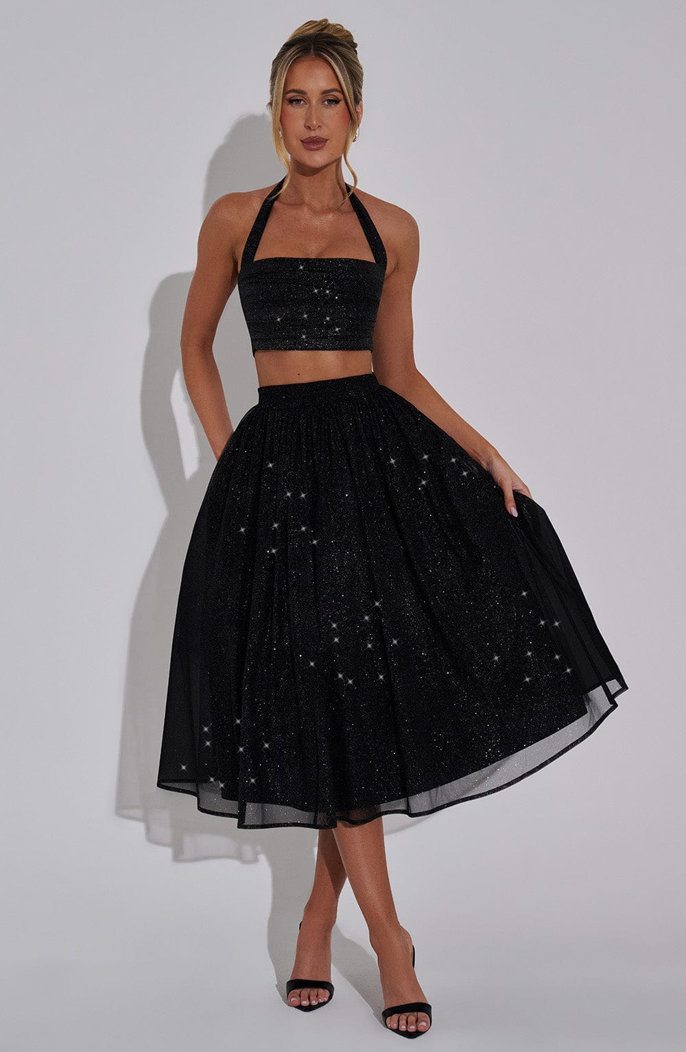 Alani Black Sparkle Midi Skirt with Tulle Volume
