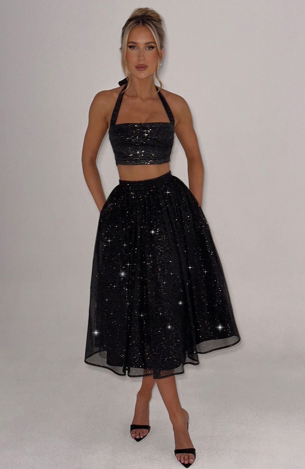Alani Black Sparkle Midi Skirt with Tulle Volume