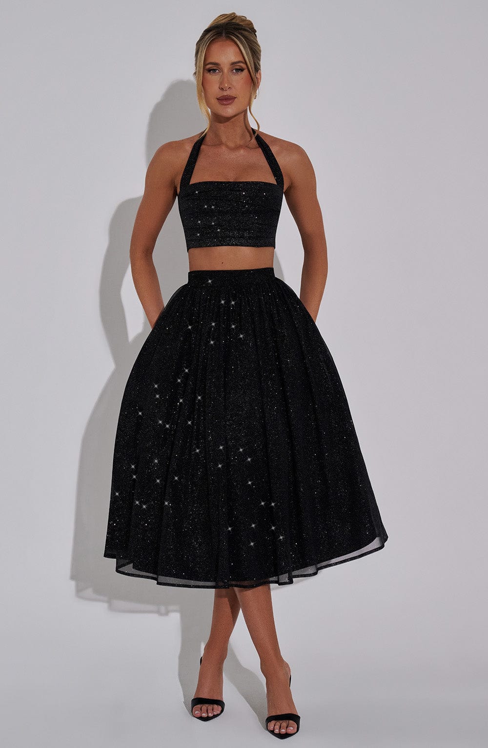 Alani Black Sparkle Midi Skirt with Tulle Volume