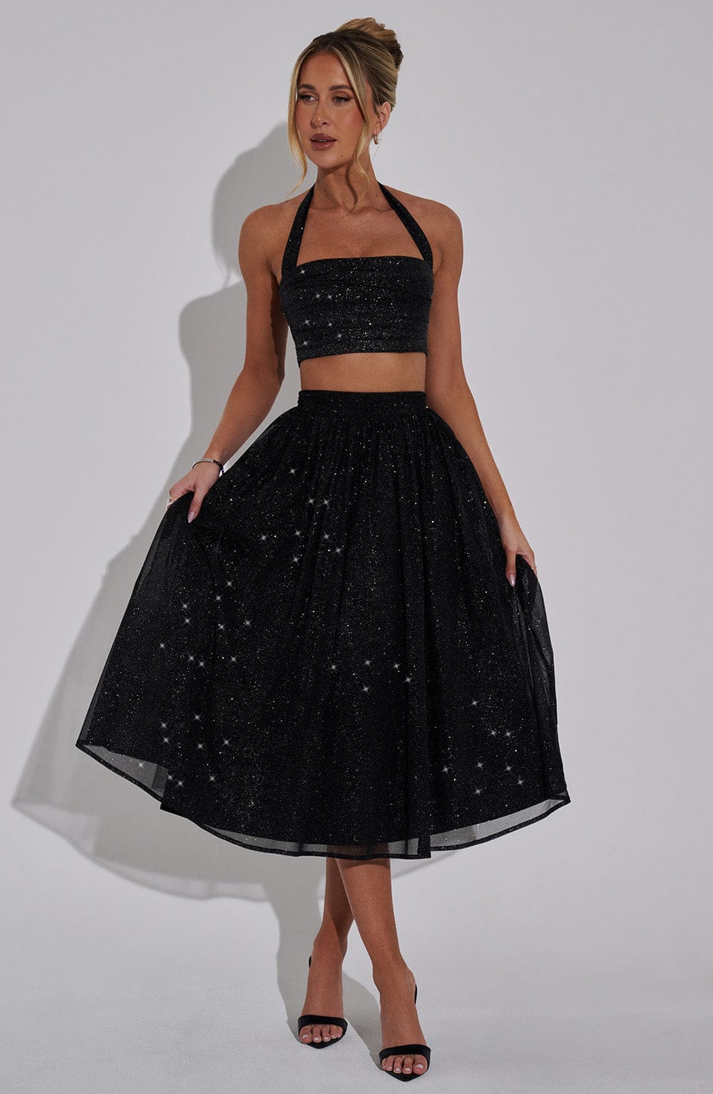 Alani Black Sparkle Midi Skirt with Tulle Volume